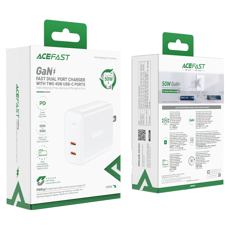 ACEFAST A31 PD 50W GAN (USB-C+USB-C) DUAL PORT CHARGER - WHITE