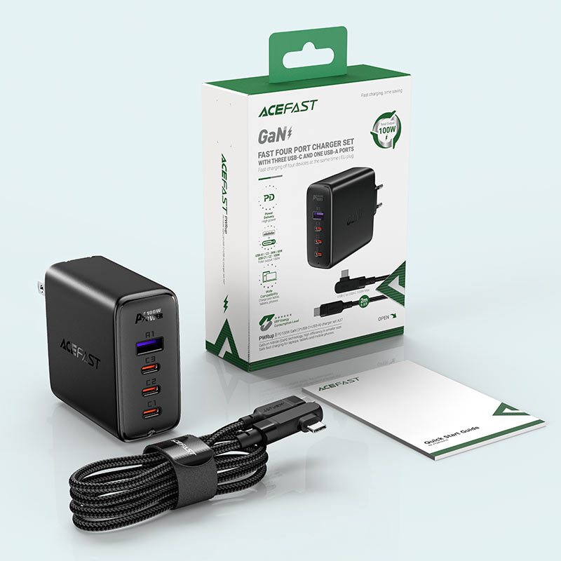 ACEFAST A39 PD100W GAN (3*USB-C+USB-A) CHARGER SET WITH TYPE-C TO TYPE-C - BLACK