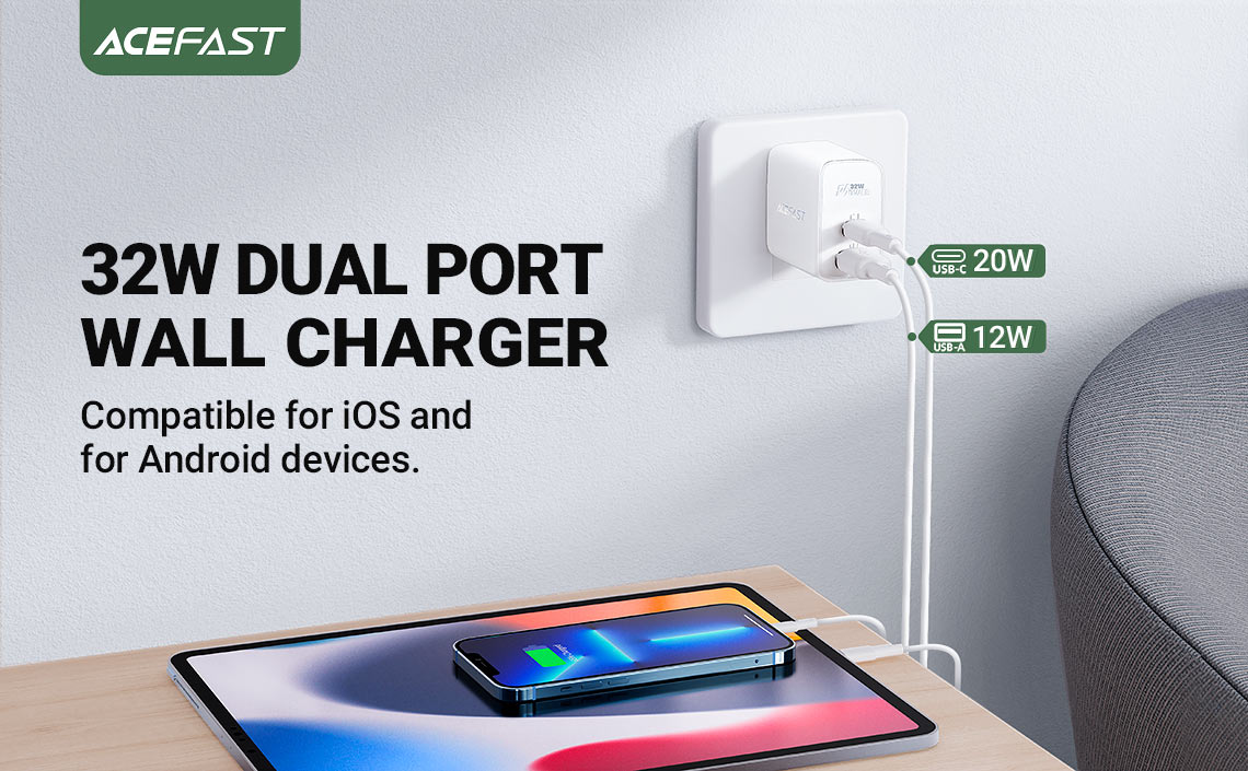 ACEFAST A7 PD 32W (USB-C+USB-A) DUAL PORT CHARGER - BLACK