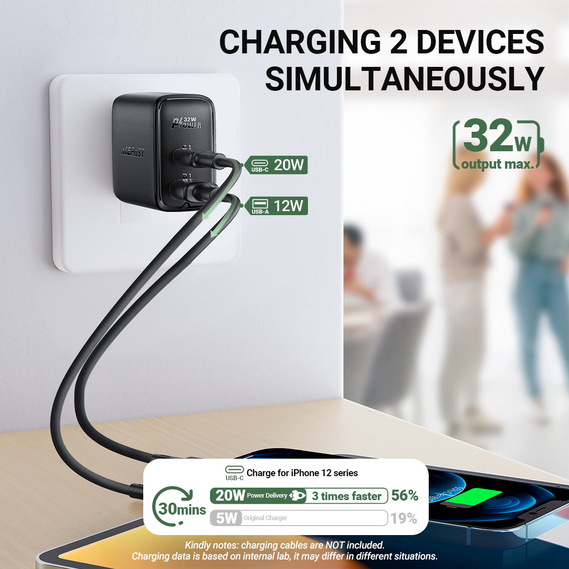 ACEFAST A7 PD 32W (USB-C+USB-A) DUAL PORT CHARGER - BLACK