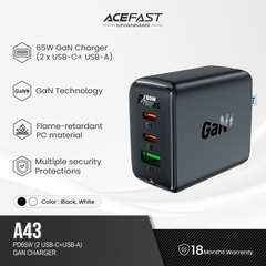 ACEFAST A43 PD65W (2*USB-C+USB-A) GAN CHARGER - BLACK