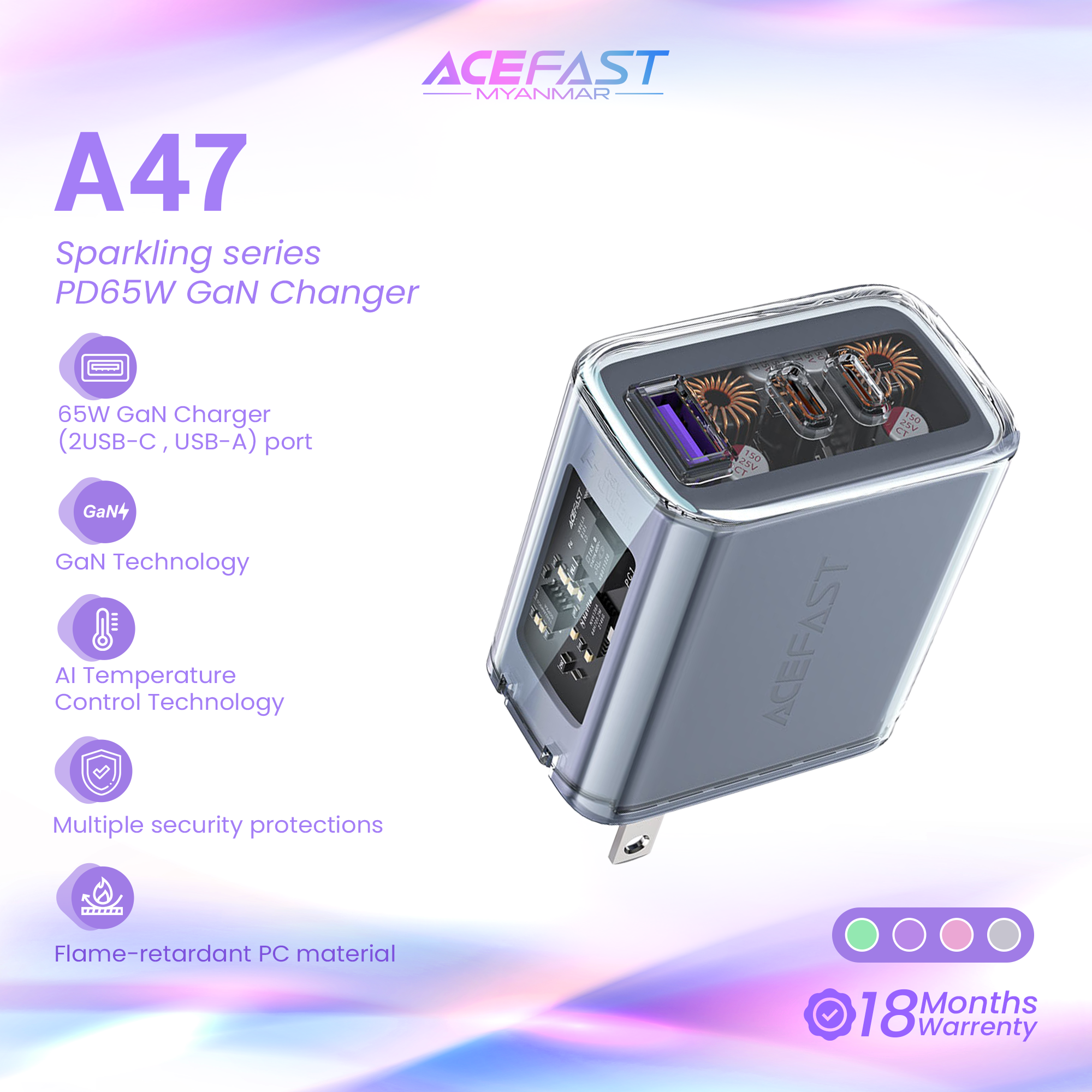 ACEFAST A47 SPARKLING SERIES PD65W GAN (2*USB-C+USB-A) CHARGER - MICA GREY