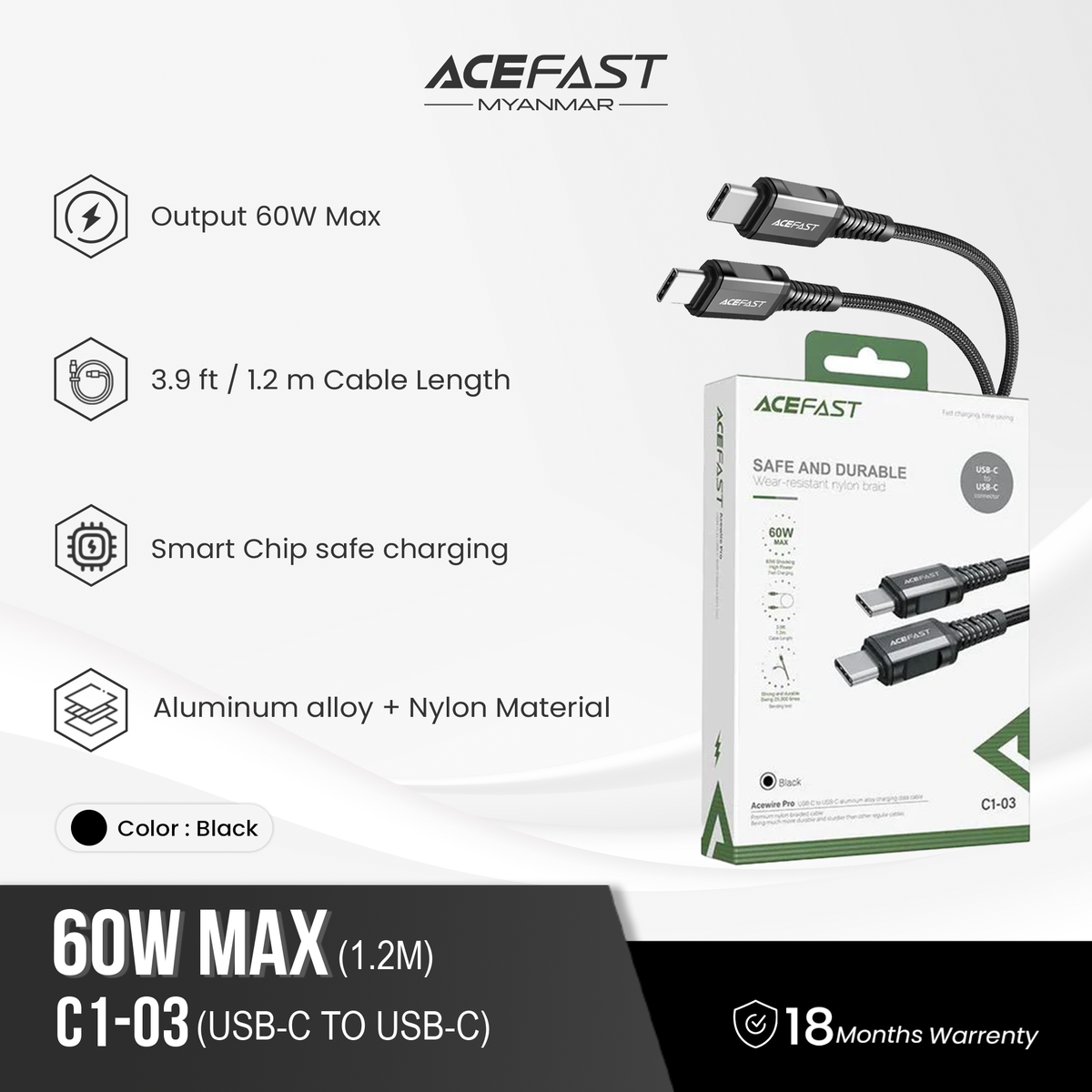 ACEFAST C1-03 USB-C TO USB-C ALUMINUM ALLOY CHARGING DATA CABLE (60W MAX)(1.2M), PD Cable, 60W Cable, Charging Cable, Data Cable