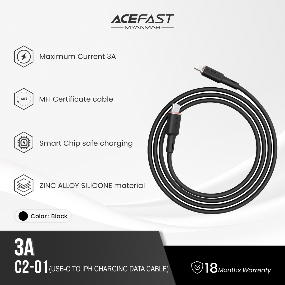 ACEFAST C2-01 USB-C TO LIGHTNING ZINC ALLOY SILICONE CHARGING DATA CABLE (30W MAX)(1.2M) - BLACK