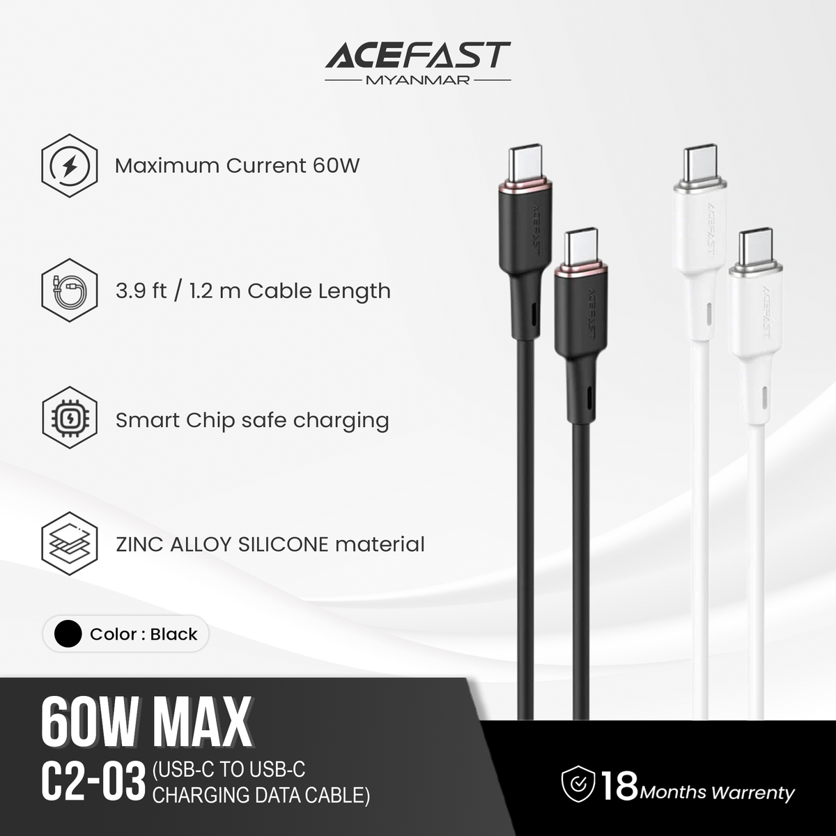 ACEFAST C2-03 USB-C TO USB-C ZINC ALLOY SILICONE CHARGING DATA CABLE (60W MAX)(1.2M) - BLACK