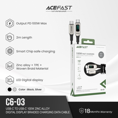 ACEFAST C6-03 USB-C TO USB-C 100W ZINC ALLOY DIGITAL DISPLAY BRAIDED CHARGING DATA CABLE (2M) - SILVER