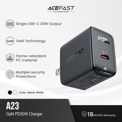 ACEFAST A23 PD30W GAN SINGLE USB-C CHARGER - BLACK