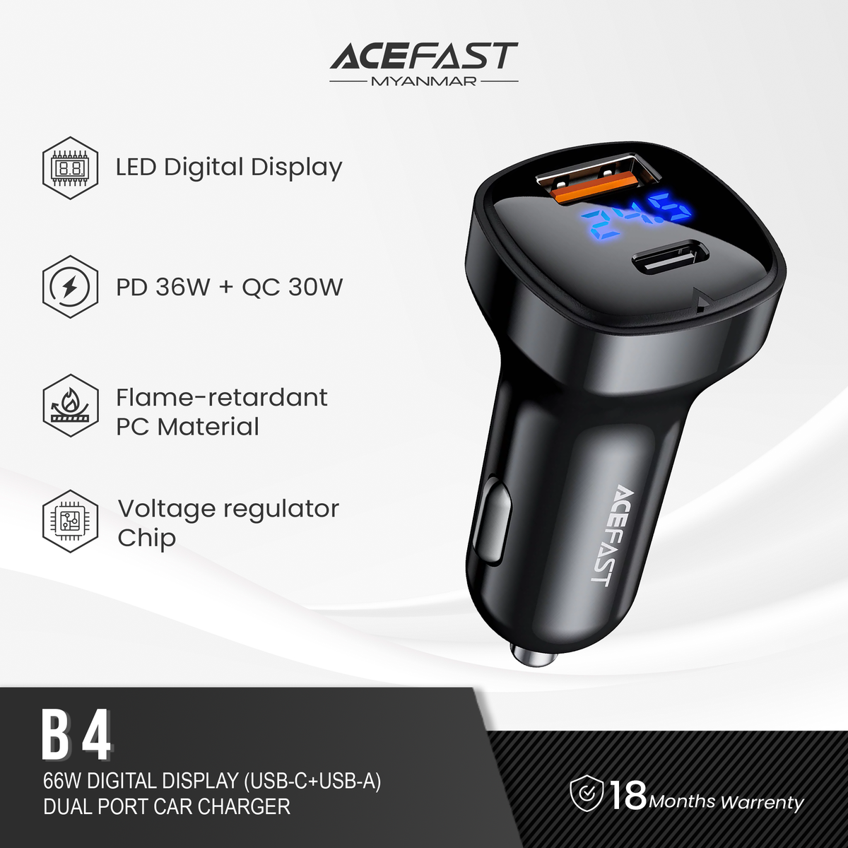 ACEFAST B4 DIGITAL DISPLAY 66W (USB-C+USB-A) DUAL PORT CAR CHARGER, 66W Car Charger, Dual Port Car Charger