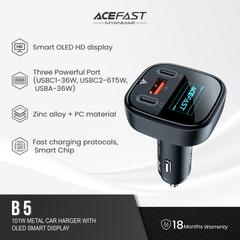 ACEFAST B5 101W (2C+A) METAL CAR HARGER WITH OLEDSMART DISPLAY
