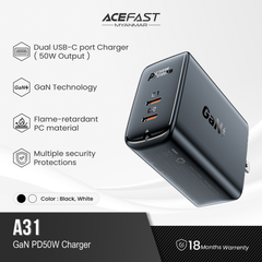 ACEFAST A31 PD 50W GAN (USB-C+USB-C) DUAL PORT CHARGER - BLACK