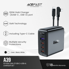 ACEFAST A39 PD100W GAN (3*USB-C+USB-A) CHARGER SET WITH TYPE-C TO TYPE-C - WHITE