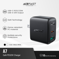 ACEFAST A7 PD 32W (USB-C+USB-A) DUAL PORT CHARGER - BLACK
