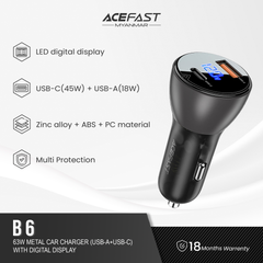 ACEFAST B6 METAL CAR CHARGER 63W (USB-A+USB-C) WITH DIGITAL DISPLAY