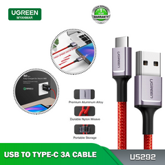 UGREEN US292 USB TO USB 2.0 TYPE.C CABLE 1M (QC3.0A) (5V2A - 480MB) (NYLON BRAID) (NICKEL PLATING ALUMINUM BRAID) - Red
