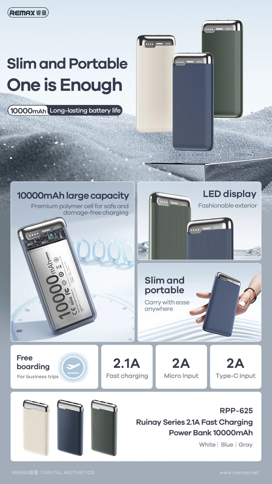 REMAX RPP-625 10000mAh RUINAY SERIES 2.1A FAST CHARGING POWER BANK (INPUT-TYPE-C/MICRO) (OUTPUT-USB 1/2)