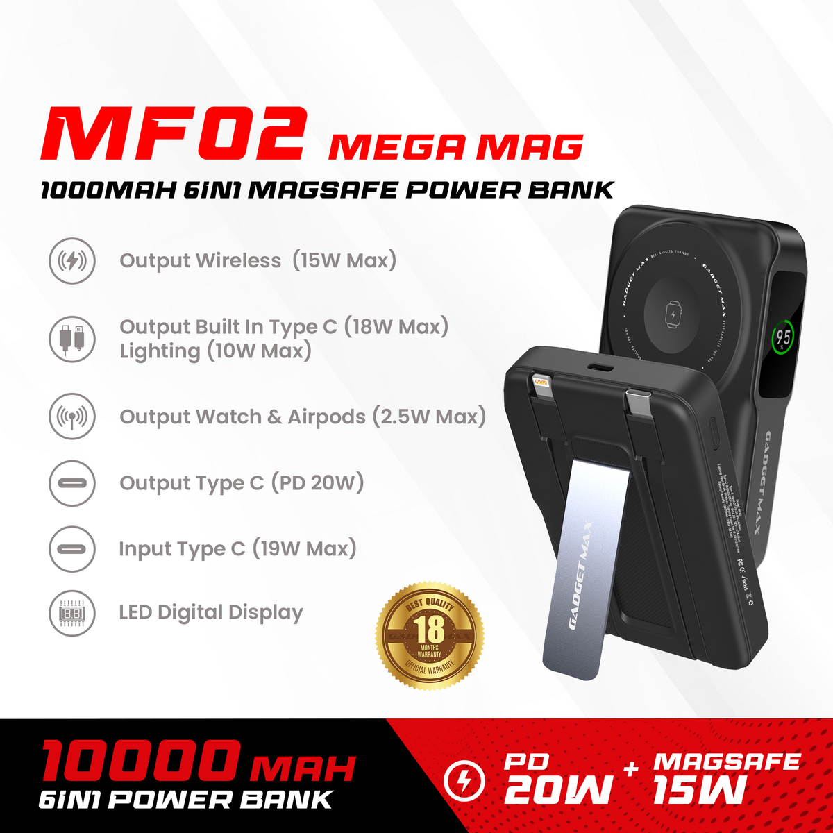 GADGET MAX - MF02 10000mAh Mega Mag 6 In 1 Magnetic Charging Power Bank - Black