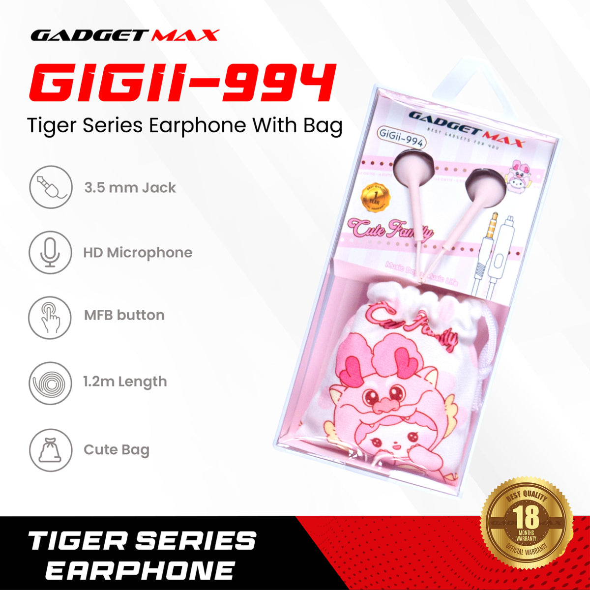 GADGET MAX - GiGii-994 Dragon Squad Series Earphone - Pink