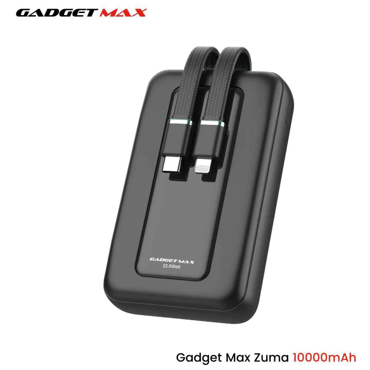 GADGET MAX - ZUMA 10000mAh PD+QC Built-In Cable Fast Charging Power Bank (20W+22.5W) - Black