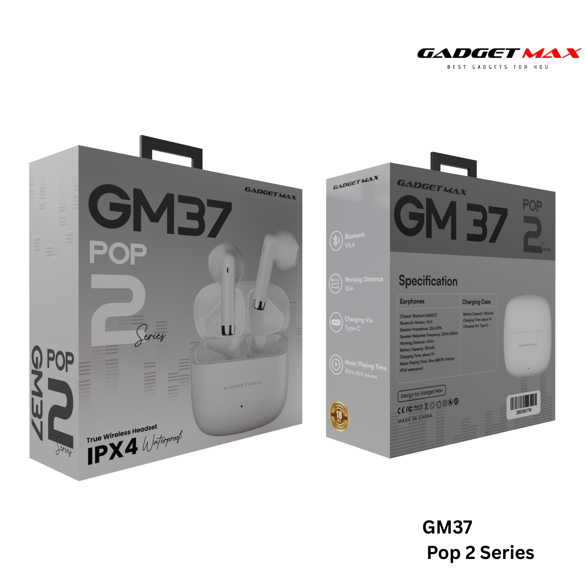 GADGET MAX - GM37 Pop 2 Wireless Bluetooth Earbuds - White