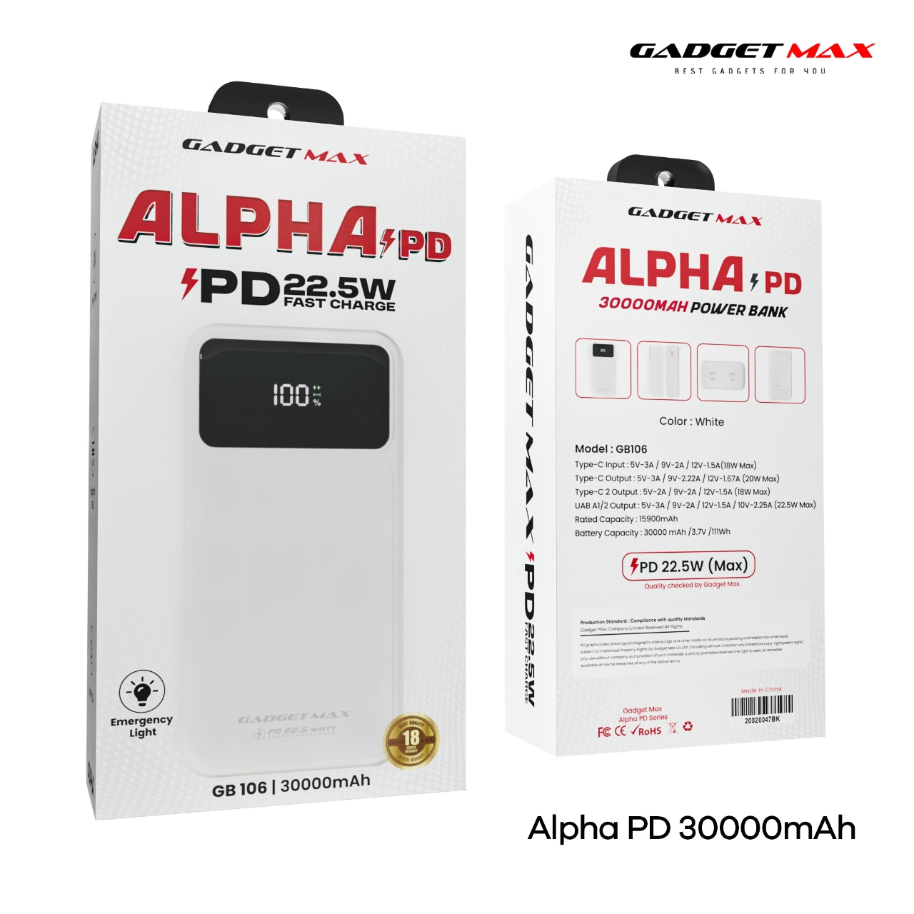 GADGET MAX - GB106 Alpha PD 30000mAh PD+QC Fast Charging Digital Power Bank ( 20W+22.5W ) - White