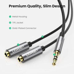 Ugreen 3.5mm AUX Stereo Audio Splitter Cable 20cm for Two Earphone - Black