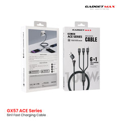 GADGET MAX - GX57 Ace Series A+C-M+C+L 6 In 1 Fast Charging Data Cable ( 100W ) - Grey