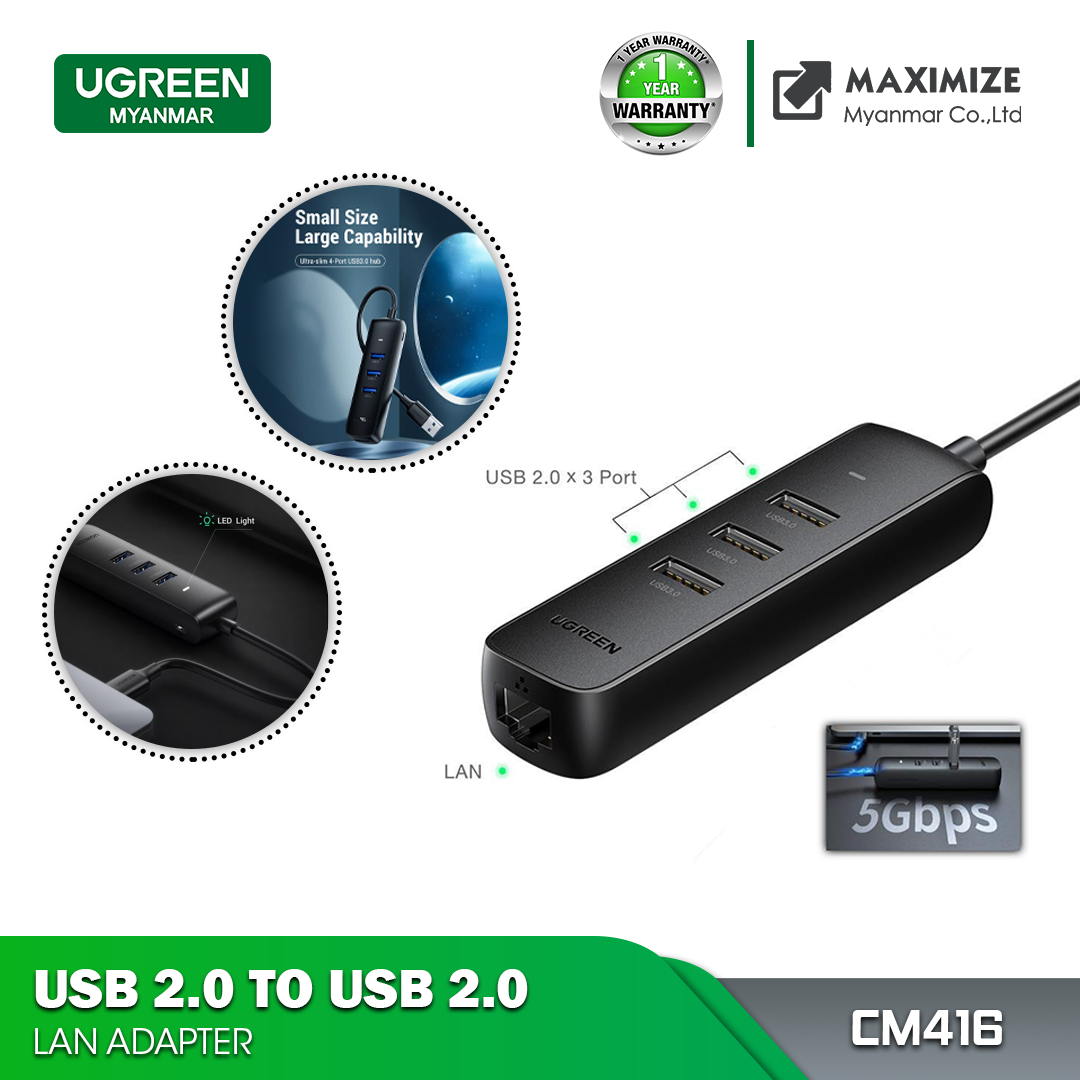 UGREEN CM416 USB 2.0 TO 3*USB 2.0+RJ45 (100Mbps)ETHERNET ADAPTER - Black