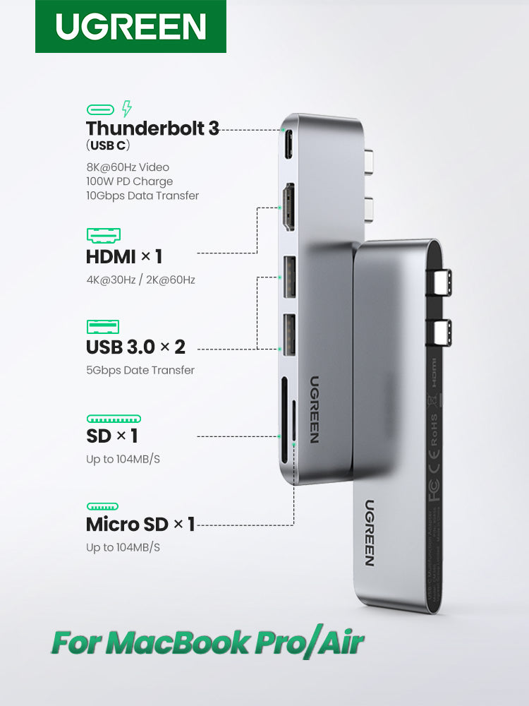 UGREEN CM380 USB-C HUB WITH USB 3.0 HDMI SD/TF CARD READER (USB-C TO HDMI+2*USB 3.0A+TF/SD USB-C FEMALE CONVERTER) (80856)