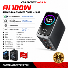 Gadget Max - AI 100W Smart GAN Charger ( 1 USB + 2 PD ) - Grey