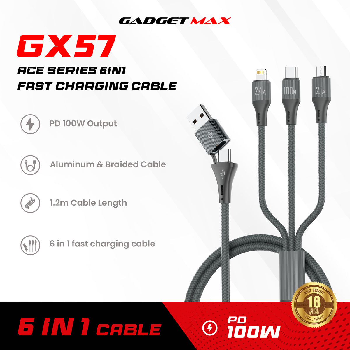 GADGET MAX - GX57 Ace Series A+C-M+C+L 6 In 1 Fast Charging Data Cable ( 100W ) - Grey