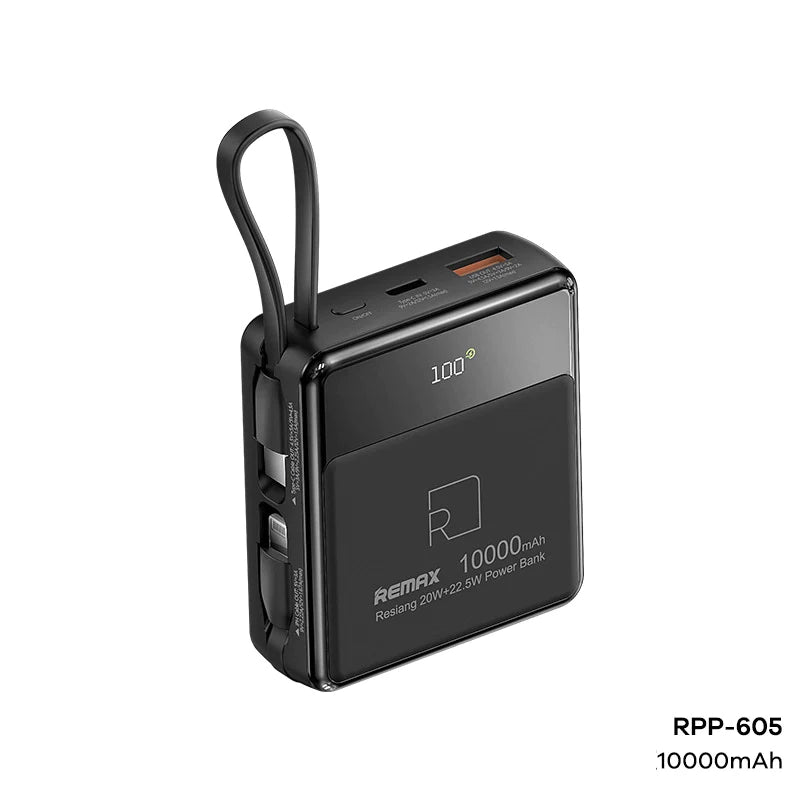 Remax RPP-605 10000mAh Resiang Series 20W + 22.5W Power Bank with 2 Fast Charging Cable - Black