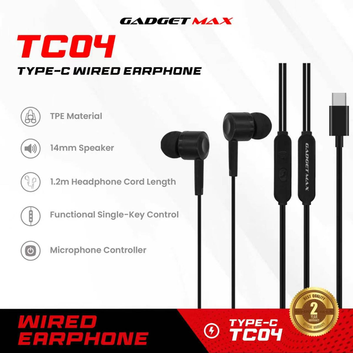 GADGET MAX - TC04 Type-C Wired Earphone - Black