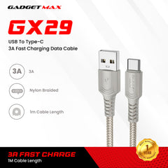 GADGET MAX - GX29 Woven Series USB To Type-C Fast Charging Data Cable (3A) - Grey