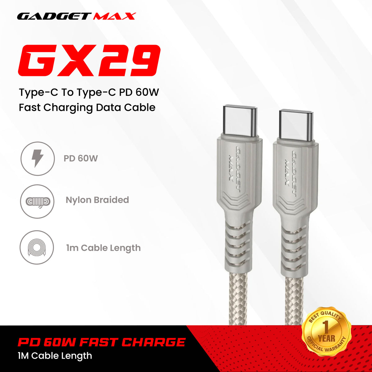 GADGET MAX - GX29 C-C Woven Series Type-C To Type-C Fast Charging Data Cable (60W) - Grey