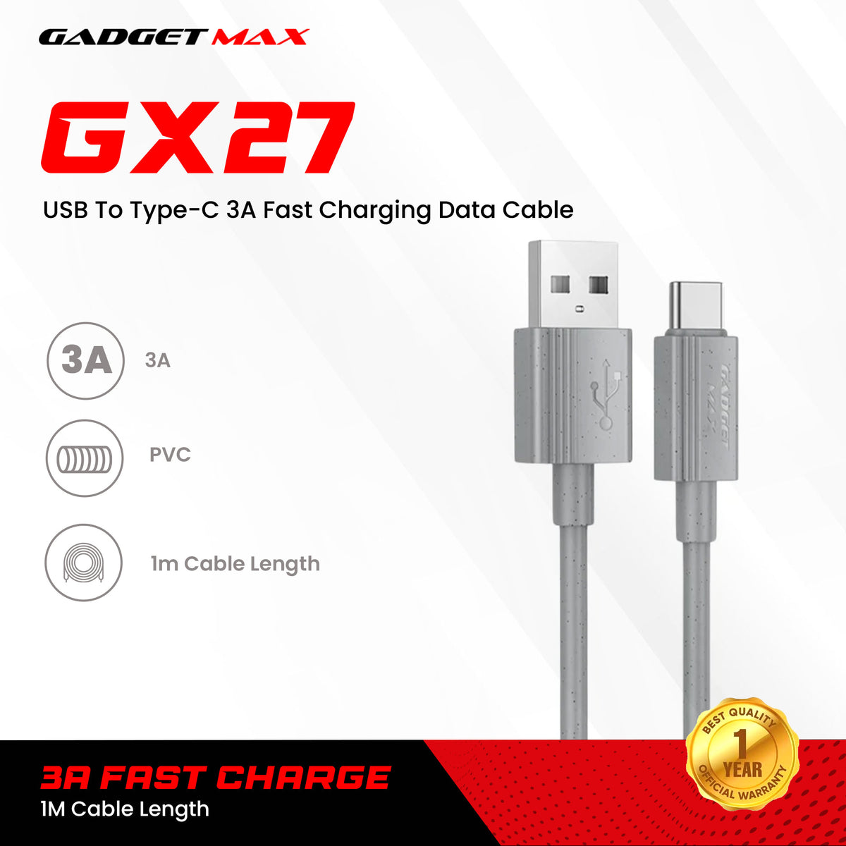 GADGET MAX - GX27 TPE Series USB To Type-C Data Cable ( 3A ) - Grey