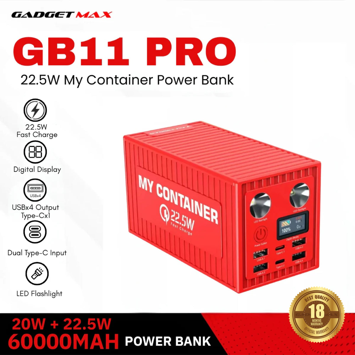 GADGET MAX GB11 Pro My Container Series 60000mAh PD+QC Fast Charging Power Bank(PD 20W+QC 22.5W) - Red
