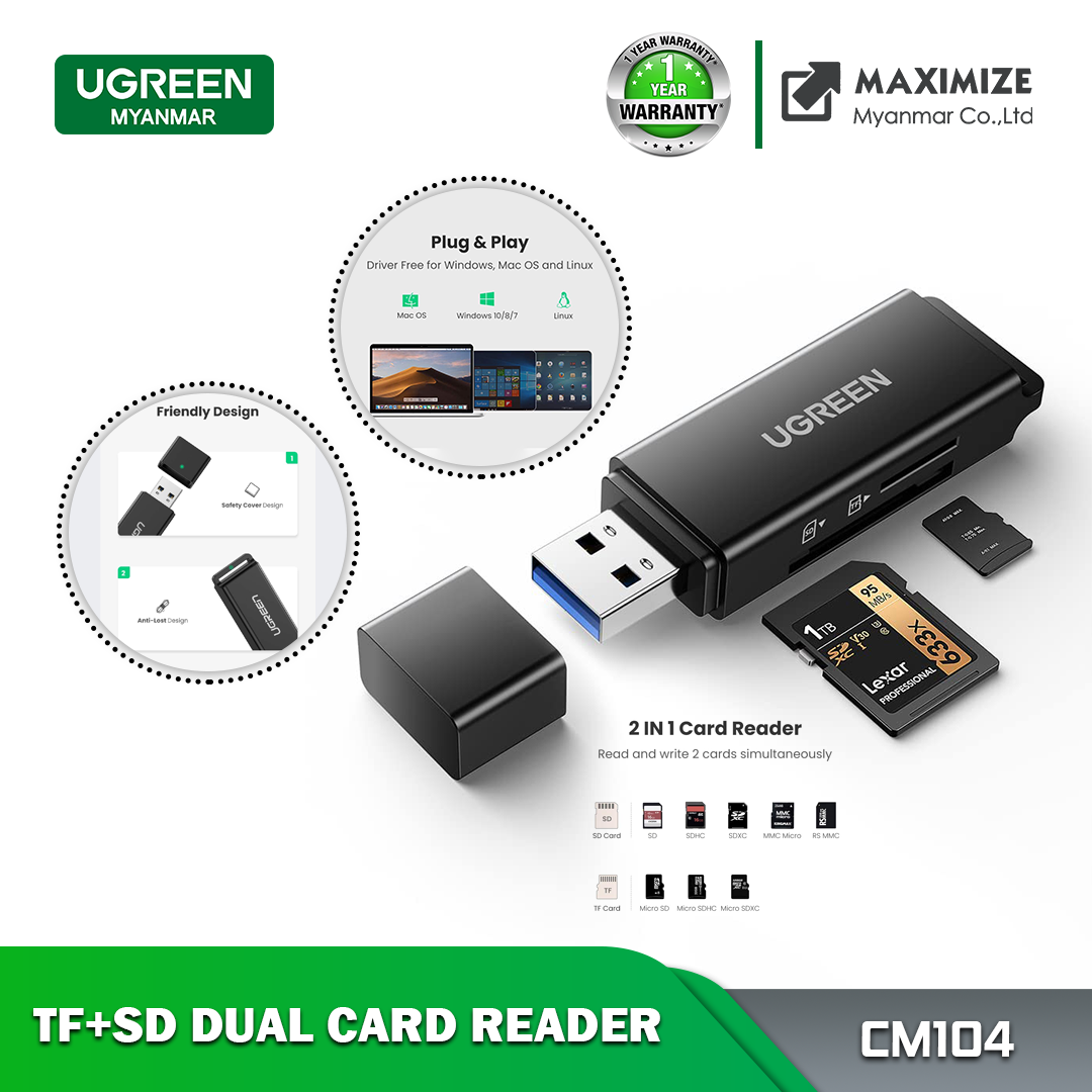 UGREEN CM104 USB 3.0 TO TF+SD DUAL CARD READER, Card Reader for SD Card & TF Card