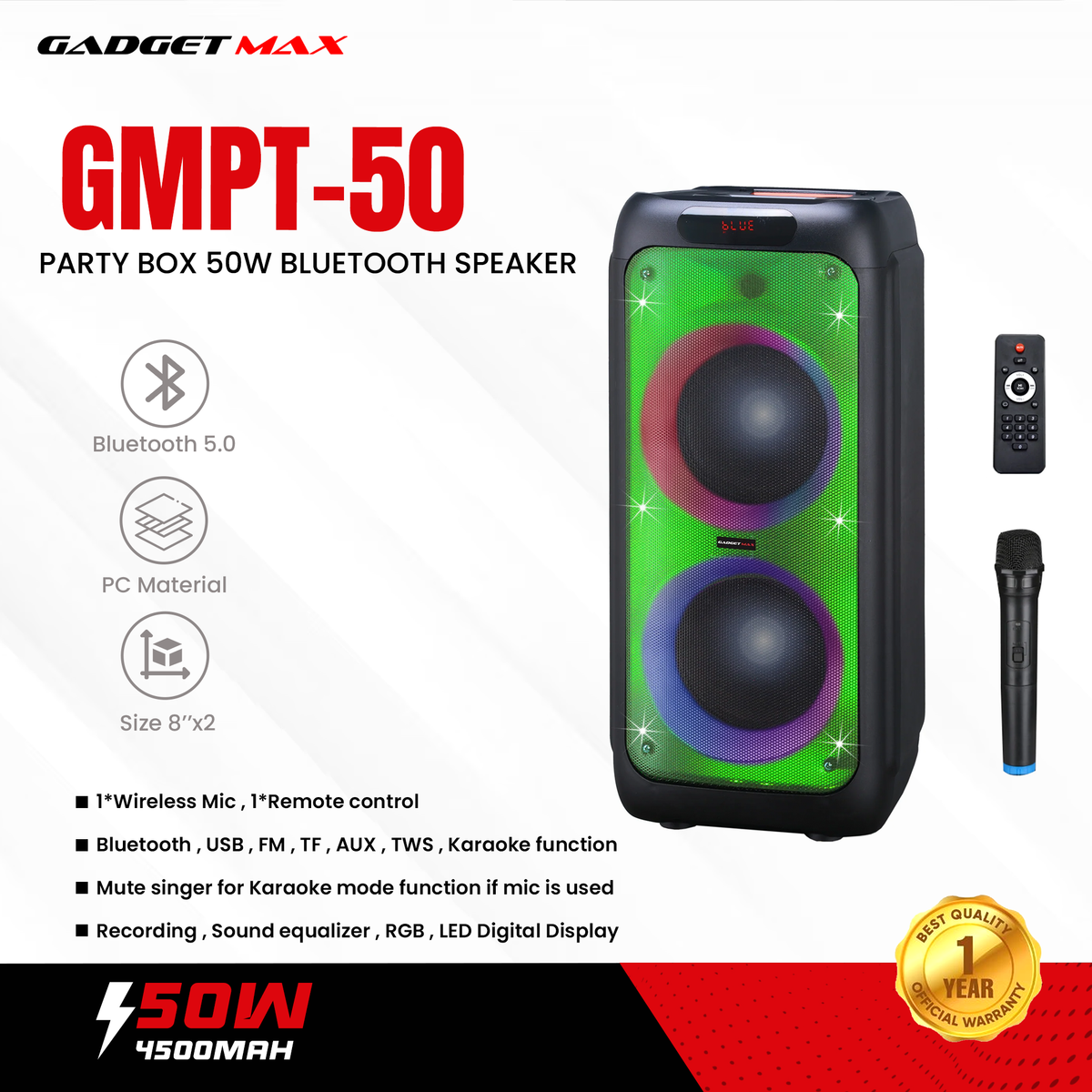 GADGET MAX GMPT-50 PARTY BOX 50W (8"*2) BLUETOOTH SPEAKER,Karaoke Speaker, Party Speaker
