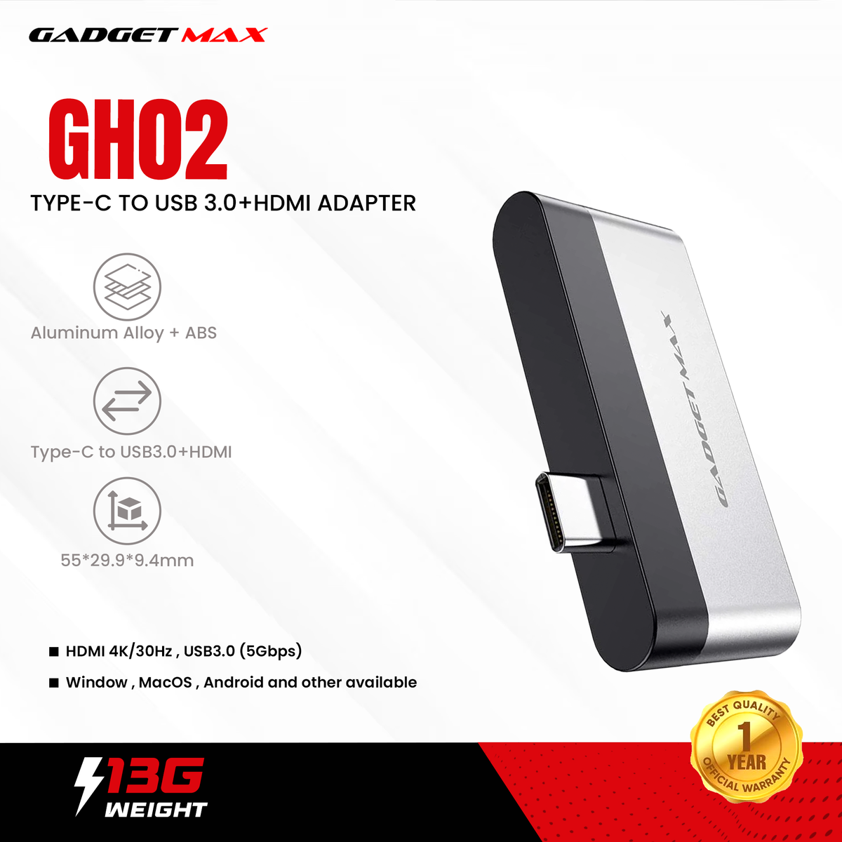 GADGET MAX GH02 Type-C To USB 3.0+HDMI Adapter, HDMI Adapter