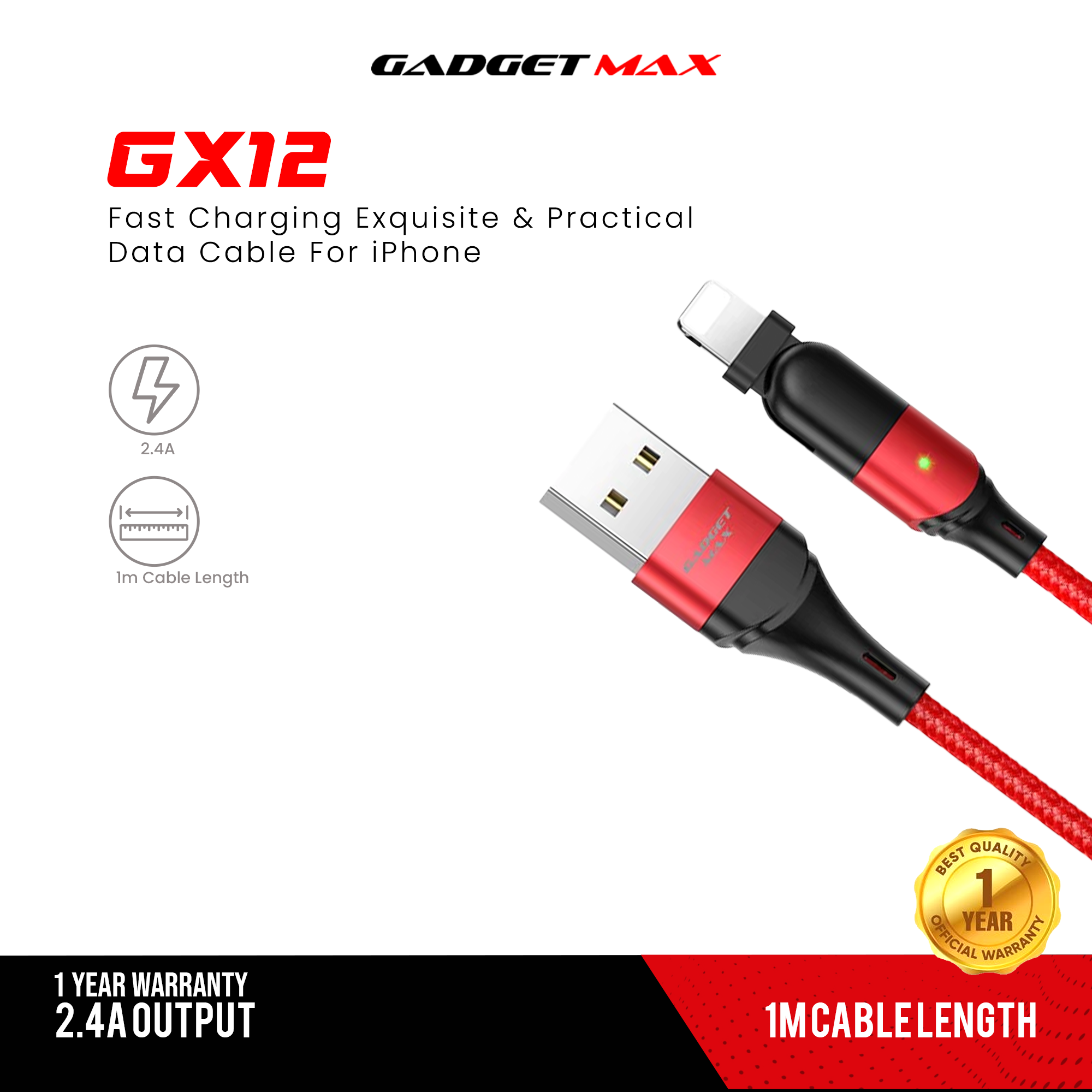 GADGET MAX GX12 FAST CHARGING EXQUISITE & PRACTICAL DATA CABLE FOR IPH (2.4A) (1.2M)  - ?RED