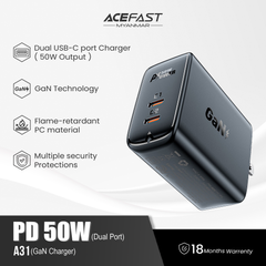 ACEFAST A31 PD 50W GAN (USB-C+USB-C) DUAL PORT CHARGER - WHITE