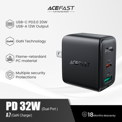 ACEFAST A7 PD 32W (USB-C+USB-A) DUAL PORT CHARGER - BLACK