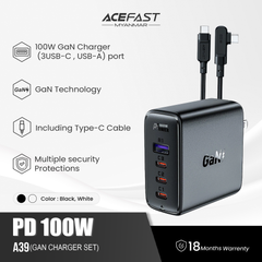 ACEFAST A39 PD100W GAN (3*USB-C+USB-A) CHARGER SET WITH TYPE-C TO TYPE-C - WHITE