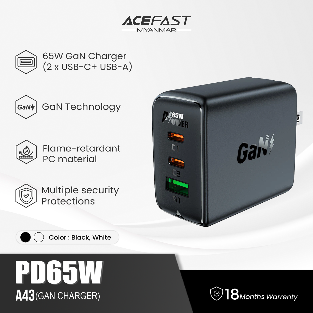 ACEFAST A43 PD65W (2*USB-C+USB-A) GAN CHARGER - BLACK