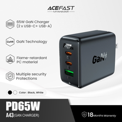 ACEFAST A43 PD65W (2*USB-C+USB-A) GAN CHARGER - BLACK