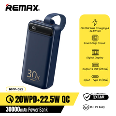 REMAX RPP-522 30000mAh BOLE SERIES PD20W+QC22.5W FAST CHARGING POWER BANK, Fast Charging Power Bank, 20W Power Bank, Quick Charging-Blue