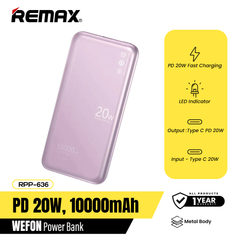 REMAX RPP-636 10000MAH WEFON 20W ULTRATHIN METAL FAST CHARGING POWER BANK (TYPE-C IN/OUT)-Purple