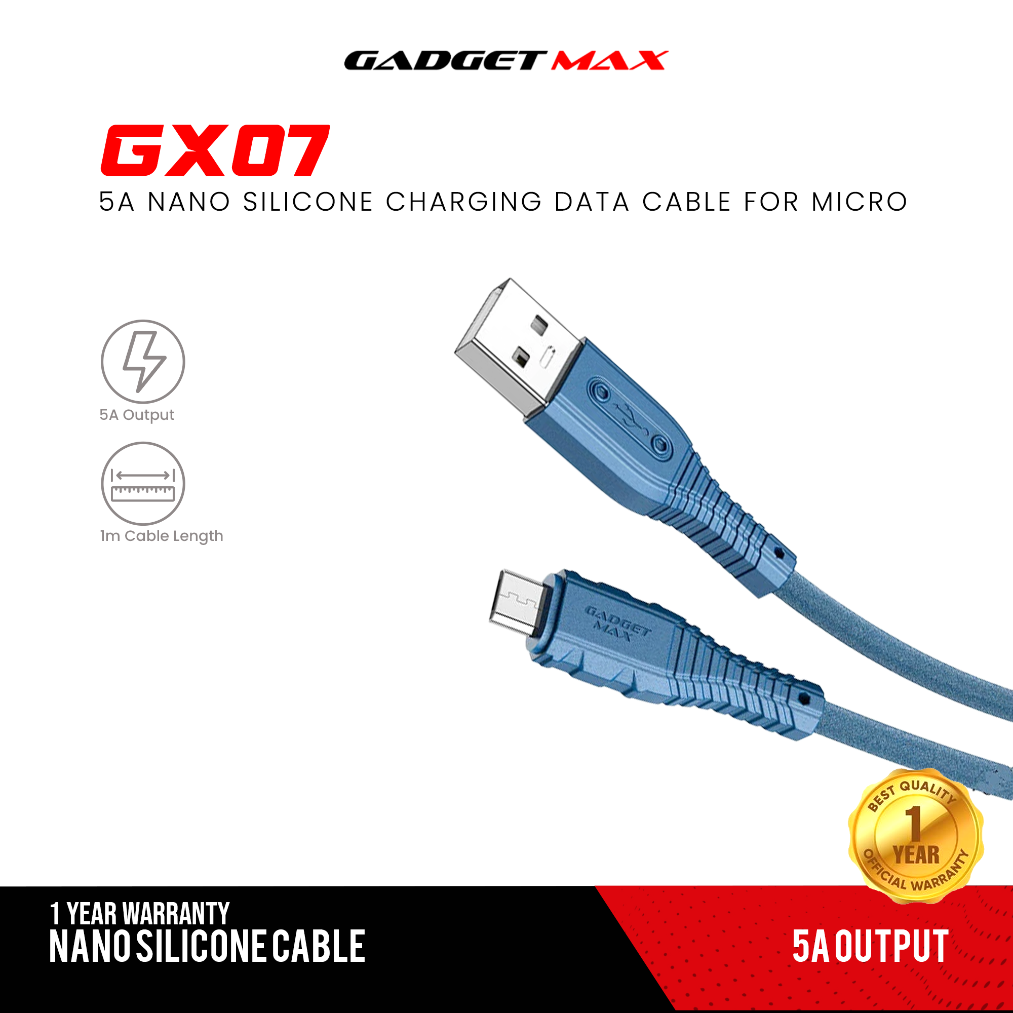 GADGET MAX GX07 MICRO 2.4A NANO SILICONE CHARGING DATA CABLE FOR MICRO (2.4A)(1M) - BLUE