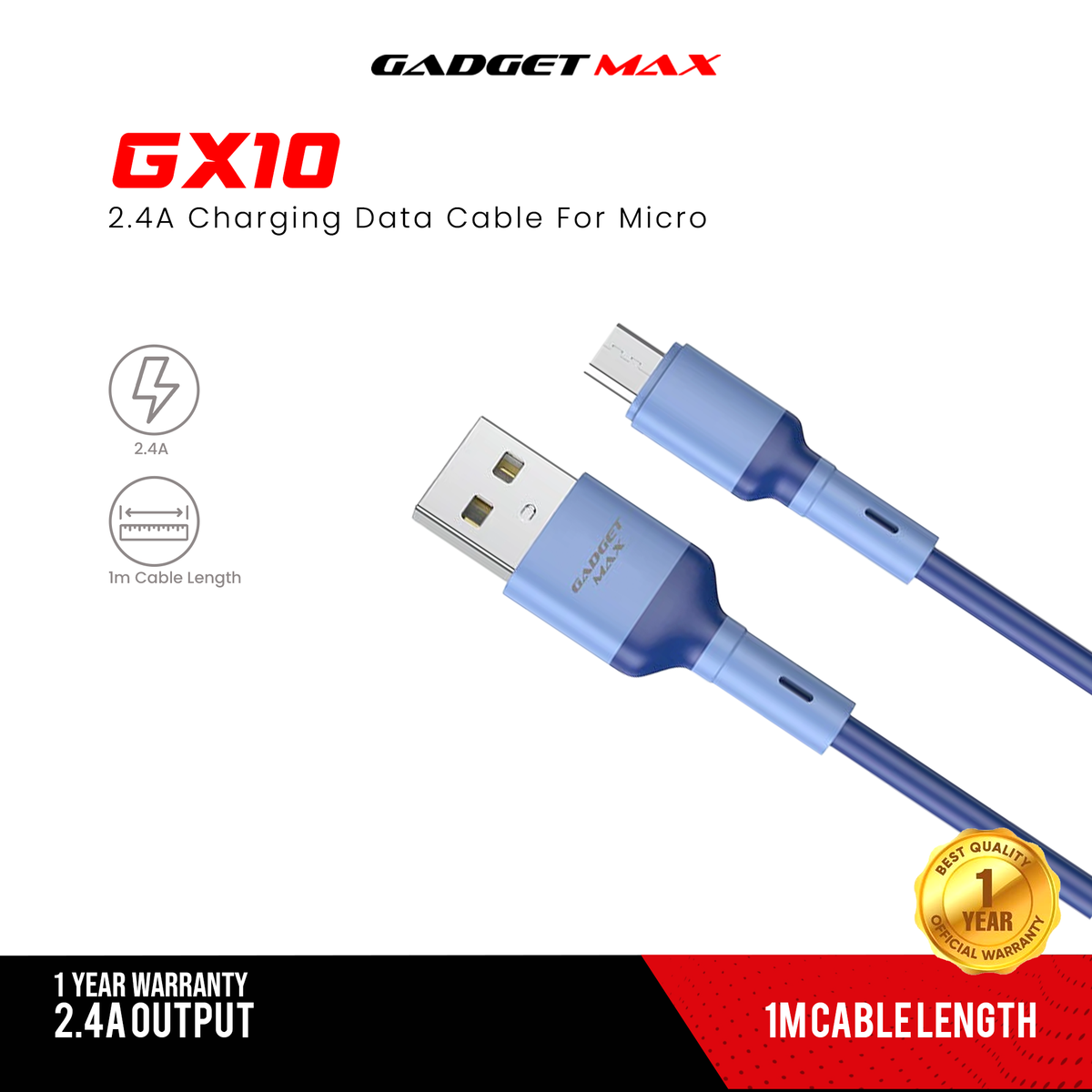 GADGET MAX GX10 MICRO 2.4A CHARGING DATA CABLE FOR MICRO (3A)(1M) - WHITE