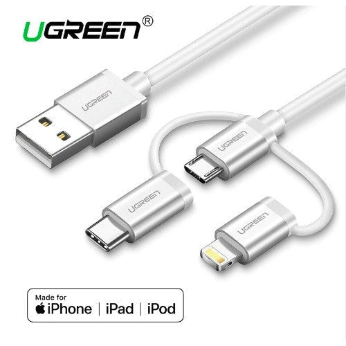 Ugreen USB 2.0 A/M to Micro B + Lighting + USB-C 3 in 1 MFI Cable 1M - White